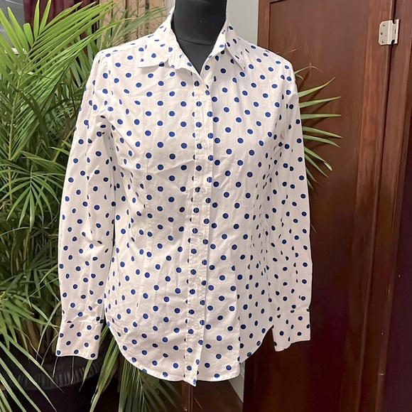 SEARLE White Blue Polka Dot Button Down Shirt Blouse Small - Picture 1 of 5